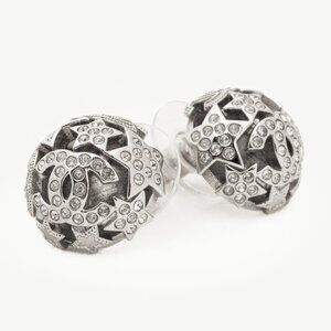 Chanel B25 Silver-Tone Crystal Star Domed Stud Earrings